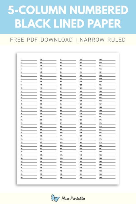 Printable 5 column numbered black lined paper narrow ruled paper template. Download this at https://museprintables.com/download/paper/5-column-numbered-black-lined-paper-narrow-ruled/ Printable Lined Paper, Free Printable Paper, Organization Planner, Prayer Journaling, Purple Line, Ruled Paper, Brown Line, Planner Printables Free, Printables Free