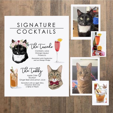 Signature Cocktails Wedding Cat, Signature Wedding Drinks Cats, Cat Wedding Cocktail, Cat Signature Drink Wedding, Cat Cocktails Wedding, Cat Drink Menu Wedding, Wedding Ideas With Cats, Cat Signature Drink Sign, Cat Cocktail Wedding