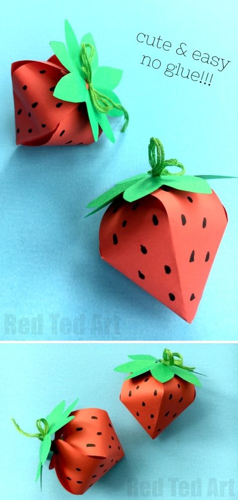 Strawberry Gift Wrapping Ideas, 3d Strawberry Craft, Diy Strawberry Balloons, Origami Strawberry Tutorial, Fruit Party Decorations Diy, Strawberry Basket Ideas, Berry First Birthday Party Diy, Berry Crafts For Kids, Paper Strawberry Crafts