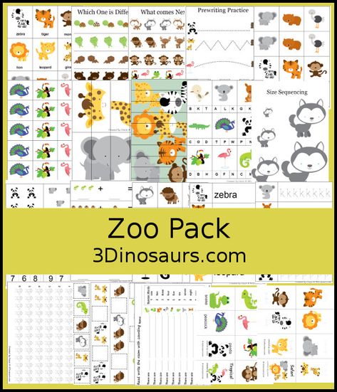 Free Zoo Pack Printables for Prek and Kindergarten - with animal cards, prewriting, zoo addition worksheets, zoo pocket chart cards, zoo puzzles, beginning sounds for zoo animals, numbers 1 to 10 clip cards, matching cards, small folding books and more - 3Dionsaurs.com #freeprintable #preschoolpack #prekpack #kindergarten #3dinosaurs #zoowords #zooanimals Zoo Animals Preschool Activities Free, Wild Animals Preschool Activities Free Printable, Zoo Worksheets Preschool Free Printable, Zoo Worksheets, Zoo Printables, Animals Kindergarten, Folding Books, Preschool Jungle, Jungle Activities