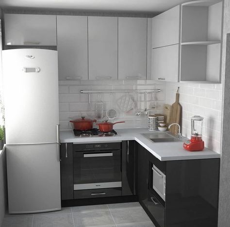 Tiny L Shape Kitchen Ideas, Kitchenette L Shape, Tiny Kitchen With Washing Machine, Small Ikea Kitchen, Tiny Kitchen Full Size Appliances, L Shaped Kitchen Interior, Modular Kitchen Ideas, Small Kitchen Design Apartment, Tiny Kitchen Design