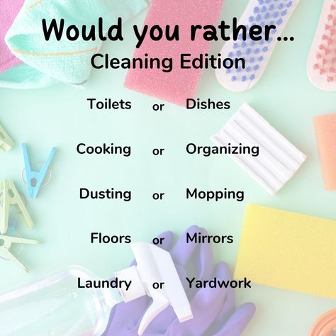 Let’s play a fun game of: Would you Rather? Comment below and see who your cleaning besties are! What Would You Rather, Mopping Floors, Engagement Posts, Yard Work, Would You Rather, Please Follow Me, Fun Games, Projects To Try, Follow Me