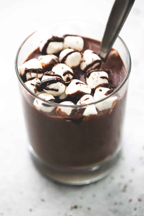 Homemade extra thick hot chocolate with perfectly creamy, double chocolatey chocolate flavor. Easy to whip up in about 5 minutes! | lecremedelarumb.com Thick Hot Chocolate, Glace Fruit, Chocolate Creme, Garlic Butter Shrimp, Butter Shrimp, Chocolate Bomb, Hot Chocolate Recipes, Chocolate Drinks, Unsweetened Cocoa