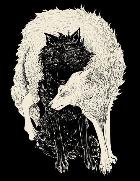 Black And White Wolf, Wolf Illustration, Sketches Of Love, Wolf Artwork, Wolf Love, Black And White Art, Black Wolf, White Wolf, Wolf Art