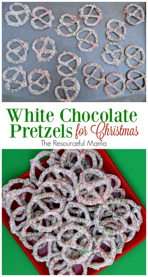 White Chocolate Pretzels for Christmas - The Resourceful Mama Pretzels Christmas, Chocolate Pretzels Christmas, Chocolate Covered Pretzels Christmas, Fun Foods To Make, White Chocolate Covered Pretzels, White Chocolate Pretzels, Covered Pretzels, Almond Bark, Chocolate Pretzels