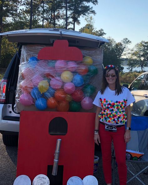 Trunk or treat gumball machine Gumball Machine Trunk Or Treat Ideas, Gum All Machine Trunk Or Treat, Bubble Gum Trunk Or Treat, Trunk Or Treat Gumball Machine, Gumball Machine Trunk Or Treat, Gumball Trunk Or Treat, Church Trunk, Trail Ideas, Car Hop