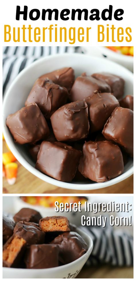 Copycat Butterfinger Recipe, Butterfinger Recipe, Candy Corn Recipes, Homemade Halloween Candy, Butterfinger Bites, Corn Video, Butterfinger Recipes, Homemade Butterfingers, Candy Corn Recipe