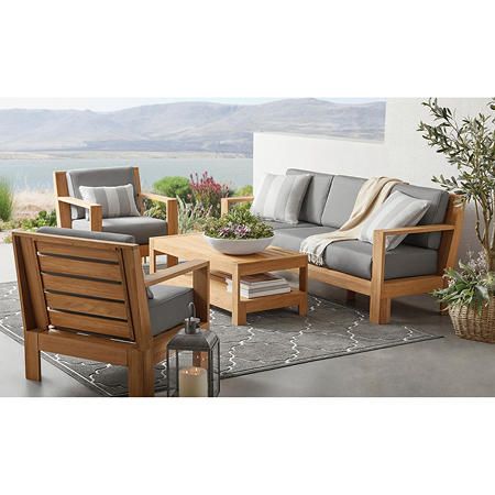 Member's Mark Newport 4-Piece Teak Deep Seating Patio Set with Sunbrella Fabric - Sam's Club Deep Seating Patio Furniture, Patio Seating Sets, Teak Patio Furniture, Outdoor Seating Set, Teak Sofa, Outdoor Comfort, Backyard Living, Modern Patio, Deck Furniture