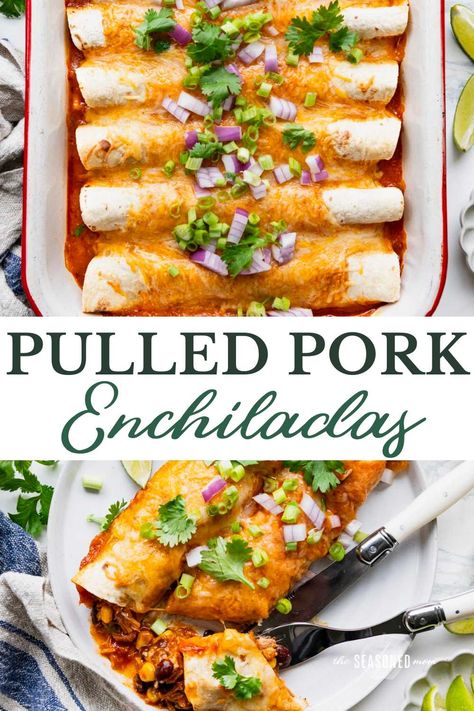 Easy pulled pork enchiladas are a perfect weeknight dinner! Use leftover pulled pork, store-bought shredded pork bbq, or homemade carnitas. Pulled Pork Enchiladas Leftover, Leftover Pulled Pork Casserole, Leftover Pork Roast Recipes, Homemade Carnitas, Pork Casserole Recipes, Pulled Pork Casserole, Pulled Pork Dinner, Pork Quesadilla, Pulled Pork Carnitas