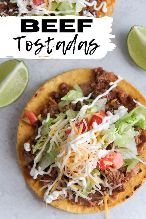 Easy Tostada Recipes Simple, Tostadas Ground Beef, Ground Beef Tostada Recipes, Mexican Recipes Ground Beef, Low Carb Tostadas, Ground Beef Tostadas, Tostadas Beef, Homemade Tostada Shells, Cheesy Beans