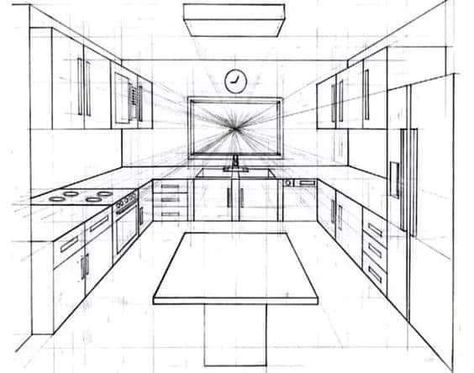 Perspective Room, Interior Design Sketchbook, Duplex Floor Plans, Kitchen Drawing, Perspective Drawing Architecture, Architecture Drawing Plan, Drawing Interior, Kitchen Layout Plans, Interior Architecture Drawing