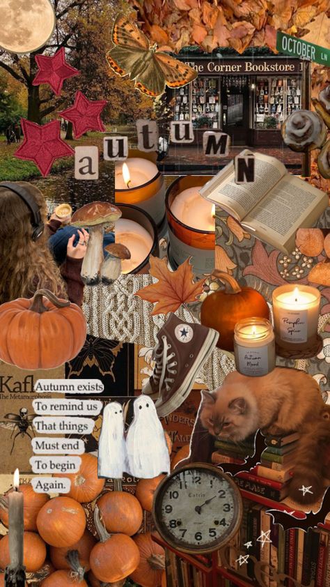 tons of autumn/fall colors, with leaves, books, pumpkins, and cat cutouts! Fall Astethic Collage, Fall Wall Collage Pictures, Changing Seasons Art, Wallpapers Fall Aesthetic, Autumn Aesthetic Collage, Fall Aesthetic Collage, October Collage, November Collage, Cutesy Wallpaper