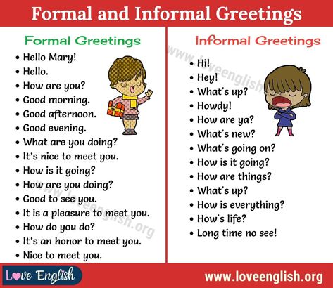 Greetings: 28 Useful Formal and Informal Greetings in English - Love English Formal Conversation In English, Formal Greetings In English, Greetings And Introductions In English, Greeting English Lesson, Formal Informal English, Formal And Informal Words In English, Greetings Words, Greetings English, Conversation In English