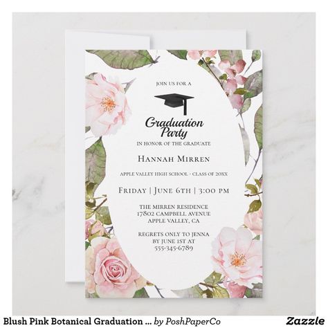 Blush Pink Botanical Graduation Party Invitation Invitation Card Design Green, Pink Graduation, Blush Pink Flowers, Pink Botanical, Graduation Party Invitation, Girly Style, Congrats Grad, Graduation Party Invitations, Invitation Card Design