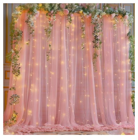 Princess Photo Backdrop, Curtain With Lights, Debut Decorations, Fairy Theme Birthday Party, Sheer Backdrop, Quince Planning, Tulle Backdrop, Sweet 16 Party Decorations, Fairy Baby Showers