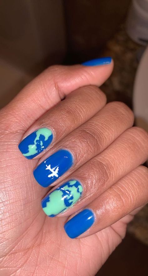 Earth Day Nails Design, Road Trip Nails, National Park Nails, Earth Nails Designs, Earth Day Nails, Travel Nails Designs, Travel Nail Art, Airplane Nails, Mountain Nails