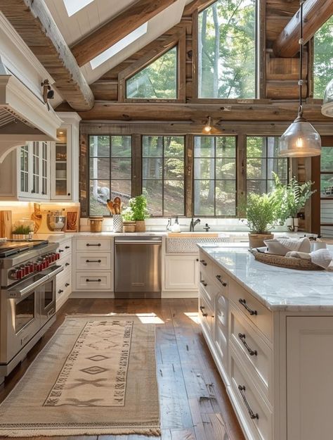 Cute Houses Inside, Luxury Farm Homes, Farmhomes Dream Homes, Mountain Farmhouse Interior, Inside Home Ideas, Big Farm Kitchen, Dream Home Build, Vaulted Farmhouse Kitchen, Dream House Design Ideas