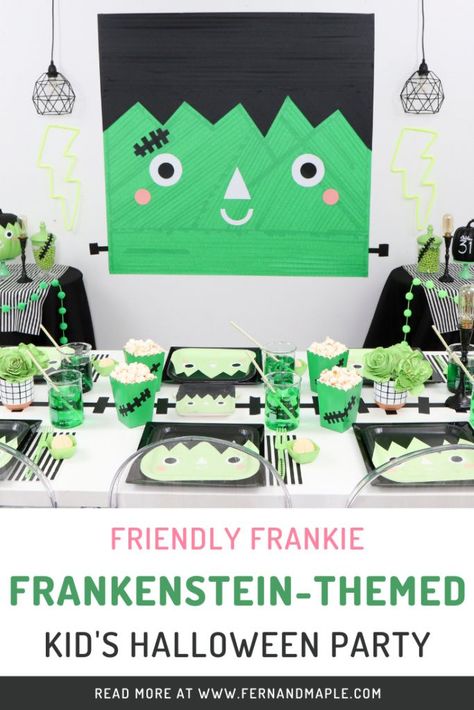 Easily create a cute Friendly Frankie Frankenstein-Themed Halloween Party perfect for younger kids with these backdrop, decor, and table setting ideas! Get all of the not-so-scary party details now at fernandmaple.com! Frankenstein Castle, Frankenstein Party, Creepy Halloween Party, Themed Halloween Party, Table Setting Ideas, Halloween Sprinkles, Kid Friendly Halloween, Backdrop Decor, Adult Halloween Party