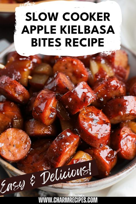 Enjoy the delicious combination of flavors in this Slow Cooker Apple Kielbasa Bites recipe! This simple and tasty dish brings together the sweet tartness of apples and the savory goodness of kielbasa, making it the perfect appetizer for fall gatherings, holidays, or just a flavorful weeknight meal. Easy to prepare, you can leave it in the slow cooker while you manage other tasks. Discover how simple it can be to whip up hearty meals that leave everyone wanting more with this kid-friendly, crowd-pleasing recipe. Slow Cooker Finger Food, Slow Cooker Recipes For Party, Apple Kielbasa Crockpot, Fall Kielbasa Recipes, Thanksgiving Crockpot Recipes Appetizer, Kalbasa Appetizer Recipes, Slow Cooker Candied Kielbasa, Hearty Appetizers For A Crowd, Slow Cooker Apple Kielbasa Bites