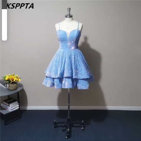 Baby Blue Prome Dresses Short A Line Tiered Skirt Spaghetti Straps Elastic Sequins Shiny Birthday Party Gowns For Women Customize Beach Sweet 16 Dress, Light Blue Sparkly Hoco Dress, Cheap Pretty Dresses, Short Light Blue Dress, Prome Dresses, Sweet 16 Dresses Blue, Dnd Clothes, Sparkly Hoco Dress, Sweet 16 Dresses Short