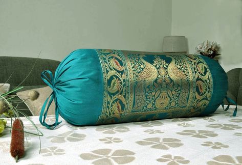 Bolster Pillow On Bed, Twin Size Comforter, Neck Roll Pillow, Indian Pillows, Bolster Covers, Roll Pillow, Pillow Green, Silk Cushions Covers, Cushion Cover Designs