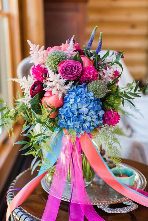 Pink Yellow Blue Bridal Bouquet, Homecoming Bouquet Ideas, Spring Bouquet Wedding, Wedding Bouquets Purple, Hot Pink Bouquet, Blue Red Wedding, Fuschia Wedding, Pink Purple Wedding, Unique Wedding Colors