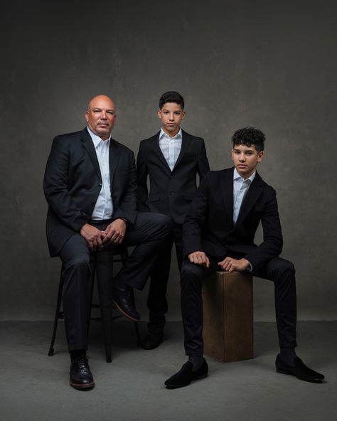 Suit Family Photoshoot, 3 Men Photoshoot Poses, 3 Generation Pictures Ideas Men, Father And Son Photoshoot Studio, Father Sons Photoshoot, Father And Son Portraits, Father Son Photos Older, Father And Son Photoshoot Ideas, Father Daughter Poses Older