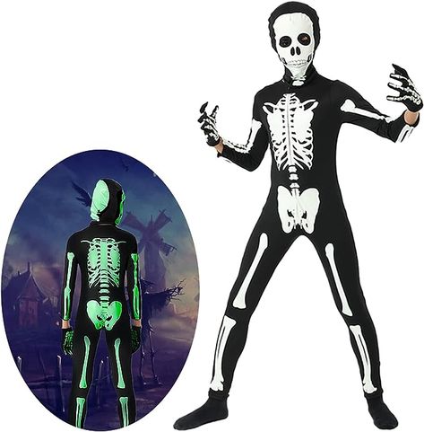 Cupohus Halloween Costume Glow in Dark, Skeleton Costume Bodysuit Jumpsuit - Halloween Outfits, Unisex, Kids Skeleton Costume Kids, Glow Costume, Dark Costumes, Dark Skeleton, Black And White Halloween, Jumpsuit Costume, Skeleton Halloween Costume, Creepy Kids