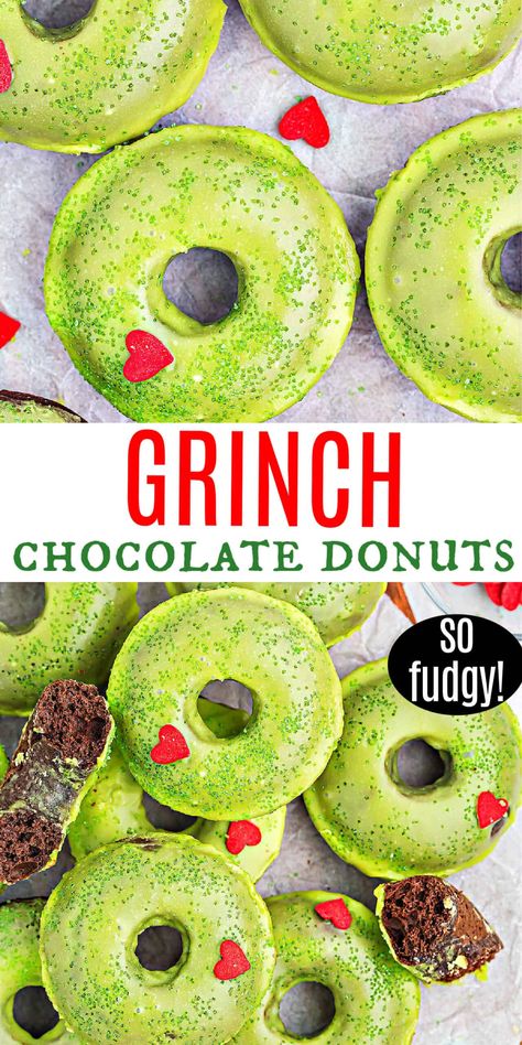 Baked Christmas Donut Ideas, Christmas Donuts Baked, Grinch Breakfast Ideas For Kids, Breakfast With The Grinch, Christmas Donuts Recipes, Christmas Donuts Aesthetic, Christmas Baked Donut Recipes, Grinch Themed Breakfast, Holiday Donut Ideas