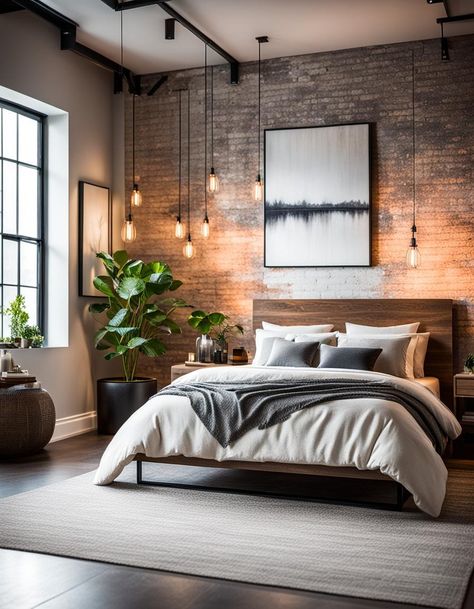 A space where raw meets refined. Edgy aesthetics blend seamlessly with comfort. Our modern industrial bedroom is an ode to urban sophistication Cozy Industrial Bedroom, Modern Masculine Bedroom, Modern Industrial Bedroom, Bachelor Room, Industrial Modern Bedroom, Modern Industrial Living Room, Industrial Decor Bedroom, Bedroom Industrial, Industrial Bedroom Design