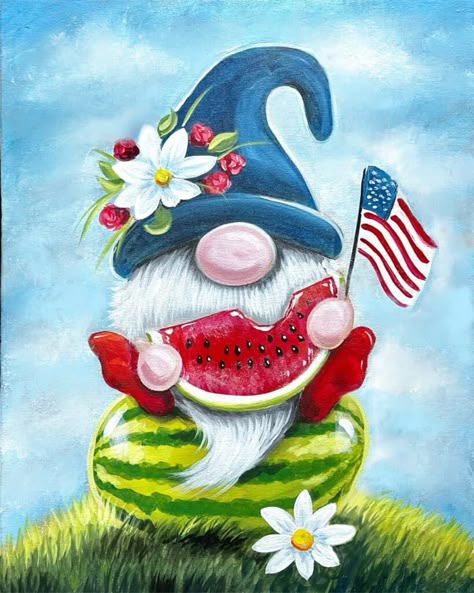 Fourth Of July Gnome Painting, Lake Gnome Painting, Gnome Pictures Art, Patriotic Gnome Painting, Cute Gnome Paintings, Summer Gnomes Wallpaper, Summer Gnomes Painting, How To Paint A Gnome, Gnome Painting Ideas