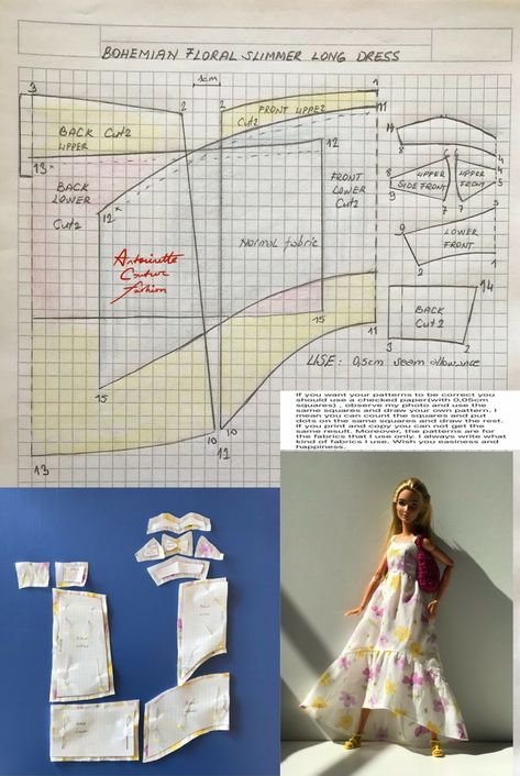 Antoinette Couture Fashion Barbie, Summer Long Dress, Barbie Dress Pattern, Made To Move Barbie, Barbie Couture, Sewing Barbie Clothes, Barbie Sewing Patterns, Barbie Clothing, Barbie Doll Clothing Patterns