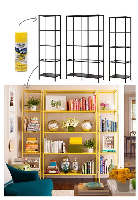 IKEA makes affordable Vittsjo shelving units, and if you spray paint them with Rust-Oleum’s yellow gloss paint, you�’ll get a similar look to the colorful metal bookshelves at Room and Board. Ikea Vittsjo, Transforming Furniture, Ikea Hack Ideas, Ikea Shelves, Decor Ikea, Style At Home, Ikea Hacks, Ikea Hack, Home Fashion