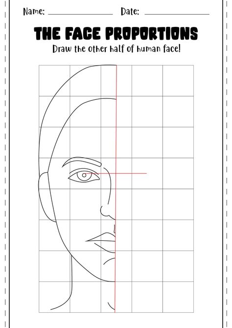 Human Face Proportions Worksheet Art Handouts Free Printable, Elementary Art Worksheets Printables, Art Proportions Lesson, How To Draw A Proportional Face, Drawing Human Face, Face Value Worksheet, Line Art Portrait Faces, Portrait Proportions, Face Proportions Drawing 3/4