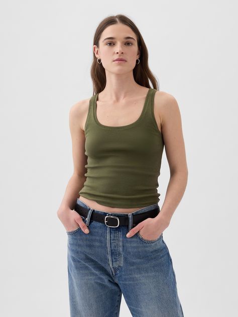 Supersoft cotton-modal blend cropped tank top.  Scoop neck.  Tank straps.  * Fit: Stretch-to-Fit.  Slim & stretchy that forms to your shape.  Cropped, hits at the waist.  Models wearing Gap Green Top Outfit, Summer Tank Top Outfits, Olive Tank Top, Crop Top Aesthetic, Tank Outfit, Tank Top Outfits, Green Tank Top, Green Tank, Fashion Wishlist