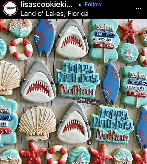 Family At The Beach, Instagram Cookies, Shark Cookies, Shark Themed Birthday Party, Royal Iced Cookies, Lisa S, 19th Birthday, Pretty Cookies, Shark Birthday