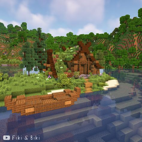 Minecraft build videos on our YouTube channel: Fiki & Biki 🐔 Minecraft Houses Viking, Viking Longhouse Minecraft, Minecraft Viking House Ideas, Minecraft Viking Ship, Nordic Minecraft Builds, Minecraft Viking Village, Minecraft Nordic House, Viking Minecraft Builds, Minecraft Viking Builds