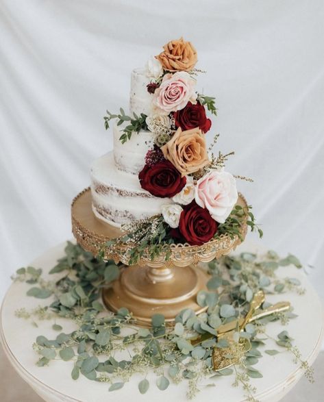 Rose wedding cake, eucalyptus, gold accents, burgundy, blush, terracotta Sage Green And Burgundy Wedding Cake, Wedding Cake Dusty Rose And Sage Green, Sage Blush Wedding Cake, Wedding Cakes Blush And Sage, White Wedding Cake With Burgundy Flowers, Wedding Cake Roses, Rose Cake, Rose Wedding, Gold Accents