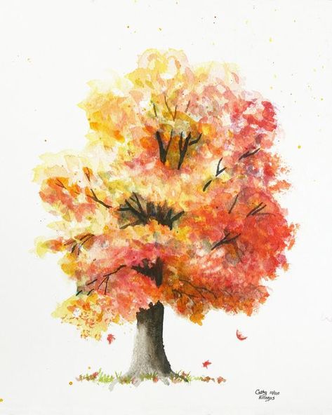 Autumn Tree print of an original watercolor painting by Cathy Hillegas. Maple tree turning yellow, orange, red in the fall. Image size: 11x14; paper size 13 x 19. Made with archival inks on heavy, acid free Velvet Fine Art Paper. Signed and numbered from an edition of 500. Comes well protected in Fall Watercolors, Willow Tree Tattoos, Watercolor Autumn Leaves, Paint Tutorial, Tree Watercolor Painting, Tree Watercolor, Fall Trees, Watercolor Paintings For Beginners, Autumn Tree