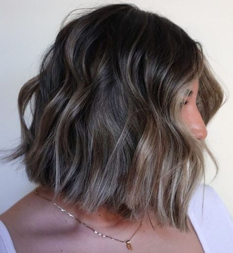 Mushroom Brown Bob with Ashy Highlights Brown Bob With Balayage, Short Cool Tone Brown Hair, Mushroom Brown Hair Color Balayage Short, Ashy Brown Bob, Balayage For Dark Brown Hair Ashy, Mushroom Brown Hair Color Short, Dark Bob With Highlights, Short Bob Hair Color Ideas, Mushroom Brown Bob