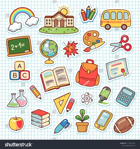 Set of cartoon objects for elementary school. Collection cute stickers on checkered background\n #Ad , #PAID, #elementary#school#objects#Set Cartoon Objects, Hand Doodles, School Illustration, School Images, School Cartoon, Stickers Design, School Clipart, Kids Vector, School Collection