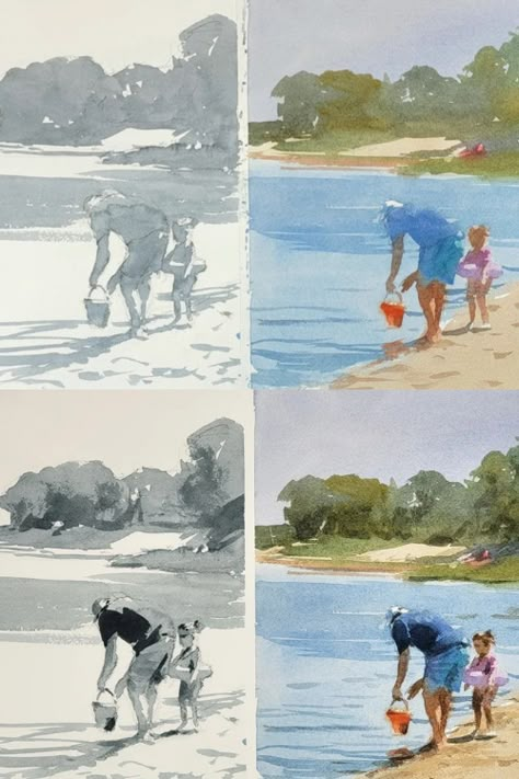 Andy Evanson Watercolor, Painting Environment, Andy Evansen, Practice Watercolor, Watercolour Beach, Watercolour Artists, Andy Anderson, Picture Craft, Value Painting