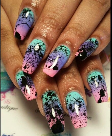 Love Nails With Powder, Paint Splatter Nails, Aztec Nail Designs, Splatter Nails, Aztec Nails, Paint Nails, Silver Nail Designs, Funky Nail Art, Purple Nail Art