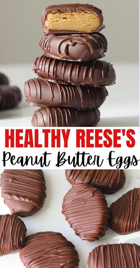 Reese Eggs Homemade Healthy, Healthy Reese’s Eggs, Healthy Peanut Butter Easter Eggs, Healthy Peanut Butter Eggs Recipe, Home Made Reeses Peanut Butter Eggs, Homemade Reese’s Peanut Butter Eggs, Homemade Reese's Eggs, Protein Reeses Eggs, Reese Eggs Homemade