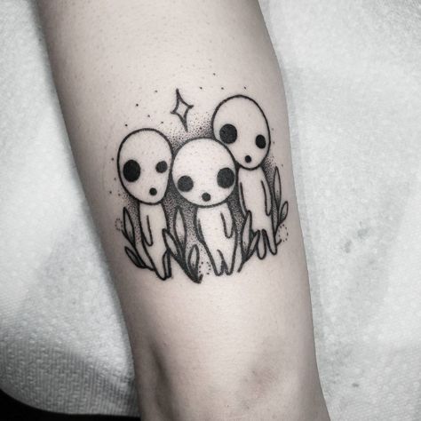 2,483 Likes, 28 Comments -  Hand-poked / Vancouver  (@teagan.campbell) on Instagram: “Some new buds for Kayla  Thanks for being so rad!” Tree Spirit Tattoo, Kodama Tree Spirit, Skin Doodles, Tattoos Ear, Tree Spirits, Anime Studio Ghibli, Spirit Tattoo, Ghibli Tattoo, Princess Tattoo