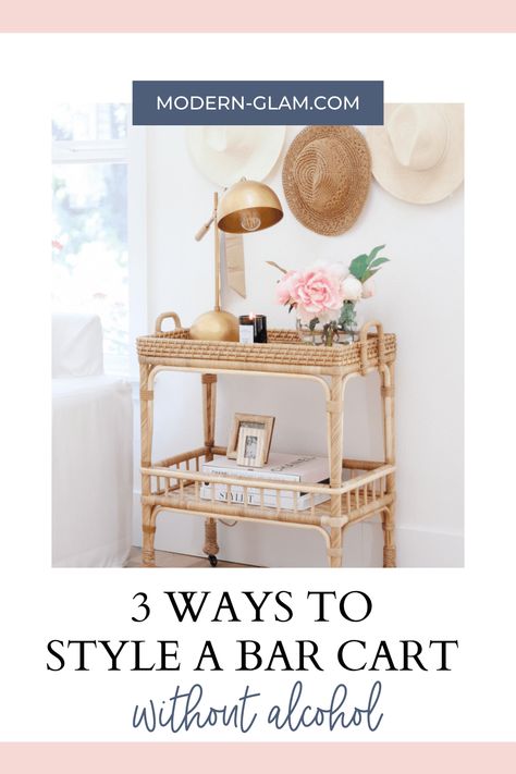 How to style your bar cart without alcohol. 3 unique ideas to decorate your bar cart that don't involve alcohol! Coffee bar cart, bar cart side table and summer drink station. Bar Cart Uses Ideas, Bar Cart End Table, Style Bar Cart Without Alcohol, Other Uses For Bar Carts, Bar Cart Alternative Uses, Bar Cart Styling Ideas Without Alcohol, Bar Cart Nonalcoholic, Non Alcoholic Bar Cart Ideas, Bar Cart Without Alcohol