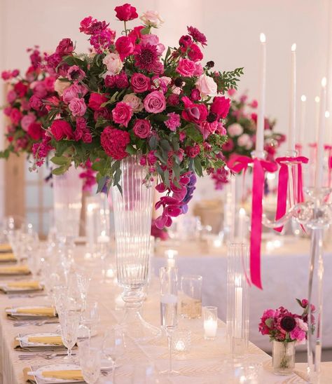 Hot Pink And White Wedding Flowers, Fuscia Wedding Palette, Dark Pink Wedding Theme, Pink Hydrangea Centerpieces, Pink Wedding Flowers Centerpiece, Hot Pink Centerpieces, Hot Pink Wedding Flowers, Pink Flower Centerpieces, Tall Arrangements