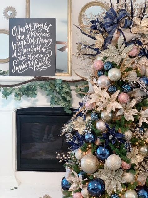 4 Steps to a Stunning Tree: My Christmas Tree "Do-over" | Courtney Warren Home Pink Navy Christmas Tree, Blue Pink And Gold Christmas Tree, Navy Blush Christmas Tree, Pink And Blue Christmas Decorations Decorating Ideas, Blush And Blue Christmas Tree, Pink Blue And Gold Christmas Tree, Christmas Tree Blue And Pink, Blush And Navy Christmas Tree, Navy Blue And Pink Christmas Tree