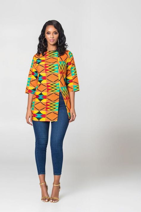 African print top Vitenge Design, Kitenge Designs, Shirt For Ladies, African Blouses, African Tops, African Print Tops, Ankara Tops, Kente Styles, Afrikaanse Mode