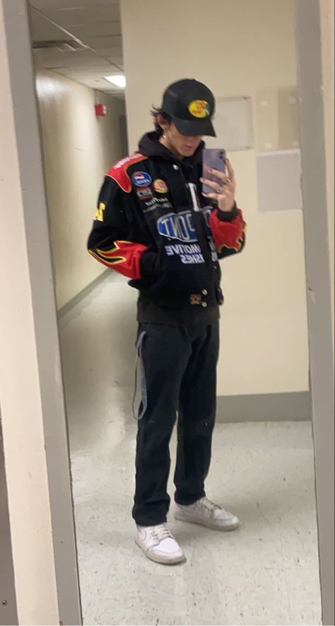 Men Jean Jacket Outfits, Vintage Racing Jacket Outfit, Nascar Jacket Outfit, Skater Boys Outfits, Racer Jacket Outfit, Nascar Outfit, Skater Boy Aesthetic, Racing Jacket Outfit, Boys Skater